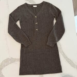 Promesa Ribbed VNeck Henley PuffSleeve Sweater Bodycon Dress Womens Small Brown